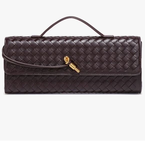 Dark chocolate Woven faux leather clutch purse bag with removable straps - Picture 5 of 9